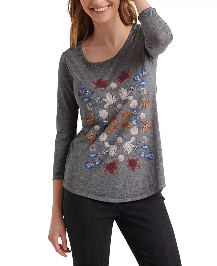 Blusa feminina Lucky Brand floral de manga comprida com decote em joia, cinza, tamanho X-S