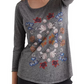 Blusa feminina Lucky Brand floral de manga comprida com decote em joia, cinza, tamanho X-S