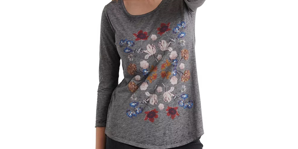 Blusa feminina Lucky Brand floral de manga comprida com decote em joia, cinza, tamanho X-S