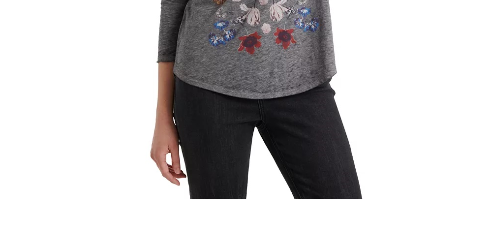 Blusa feminina Lucky Brand floral de manga comprida com decote em joia, cinza, tamanho X-S