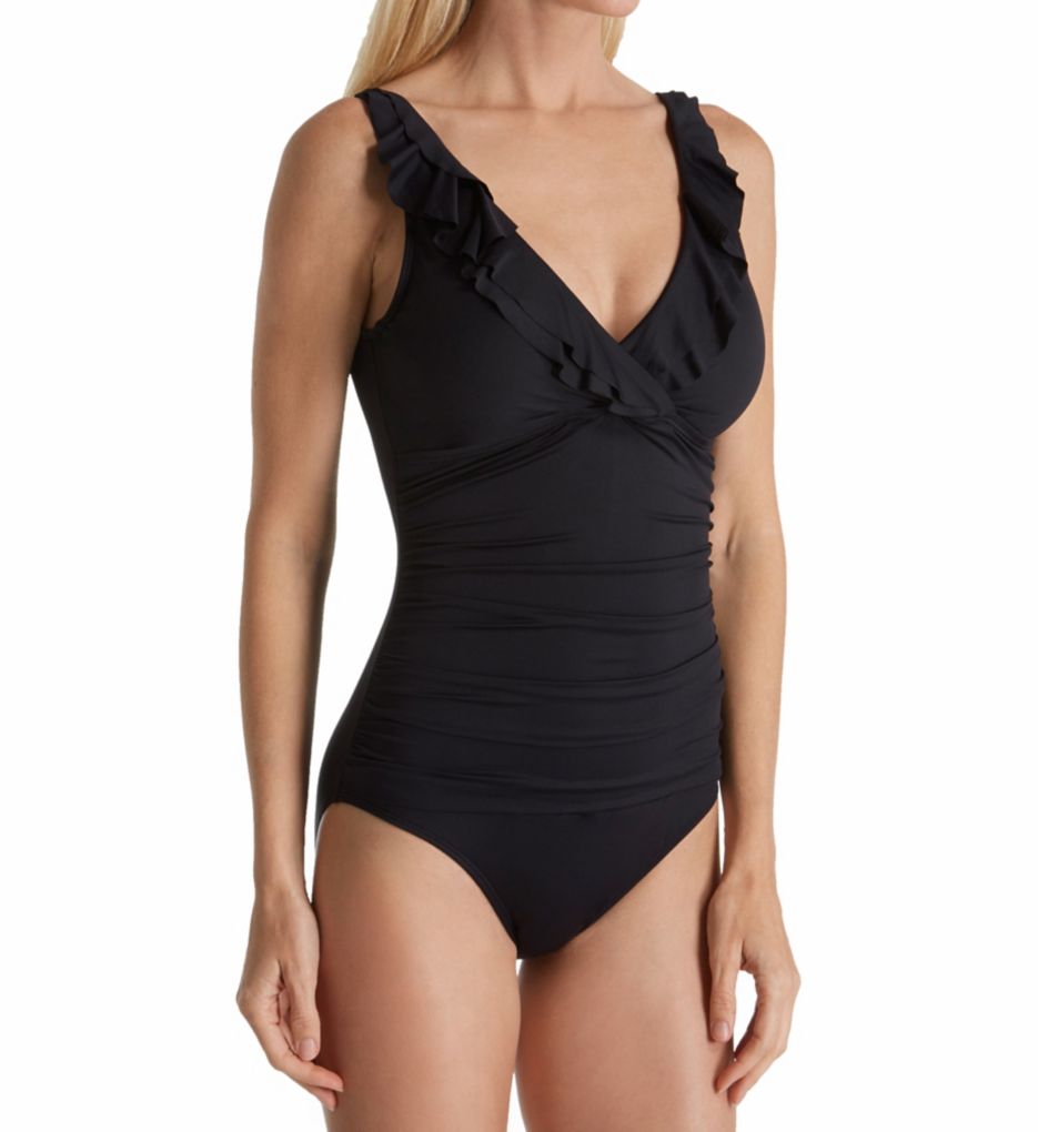 Ralph Lauren Maiô Feminino com Babados e Decote em V Preto Tamanho 6