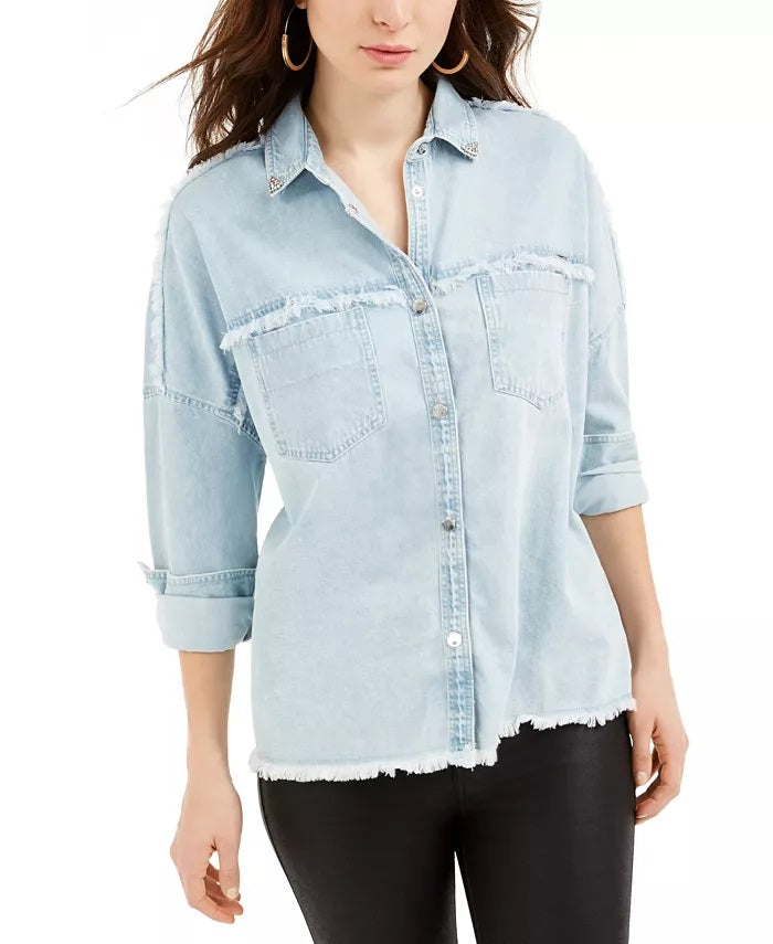 Camisa jeans feminina Guess Parisian com bordas desfiadas, azul, tamanho X-S