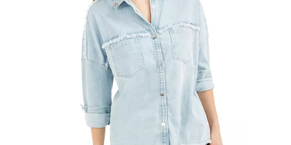 Camisa jeans feminina Guess Parisian com bordas desfiadas, azul, tamanho X-S