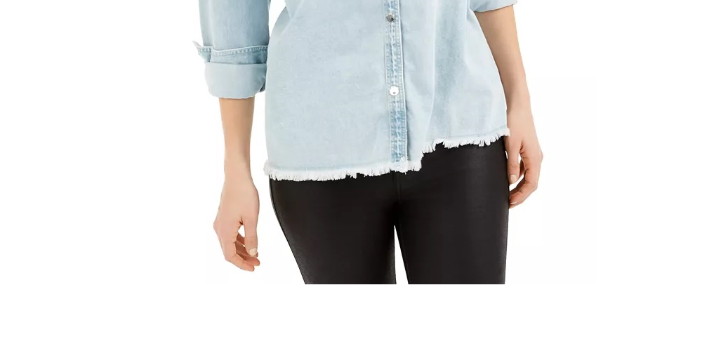 Camisa jeans feminina Guess Parisian com bordas desfiadas, azul, tamanho X-S