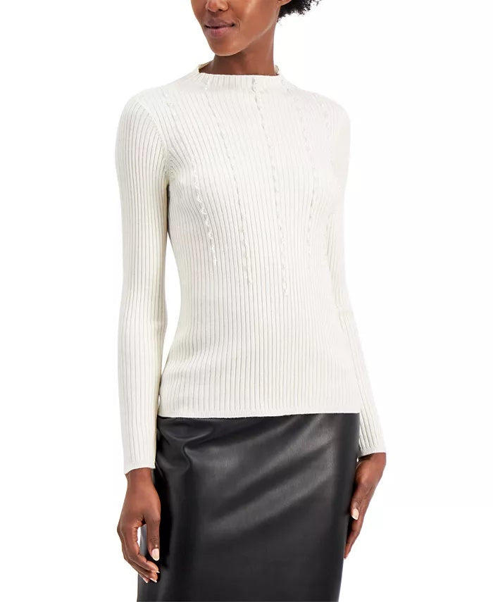 Suéter feminino Alfani canelado com contas, branco, tamanho grande