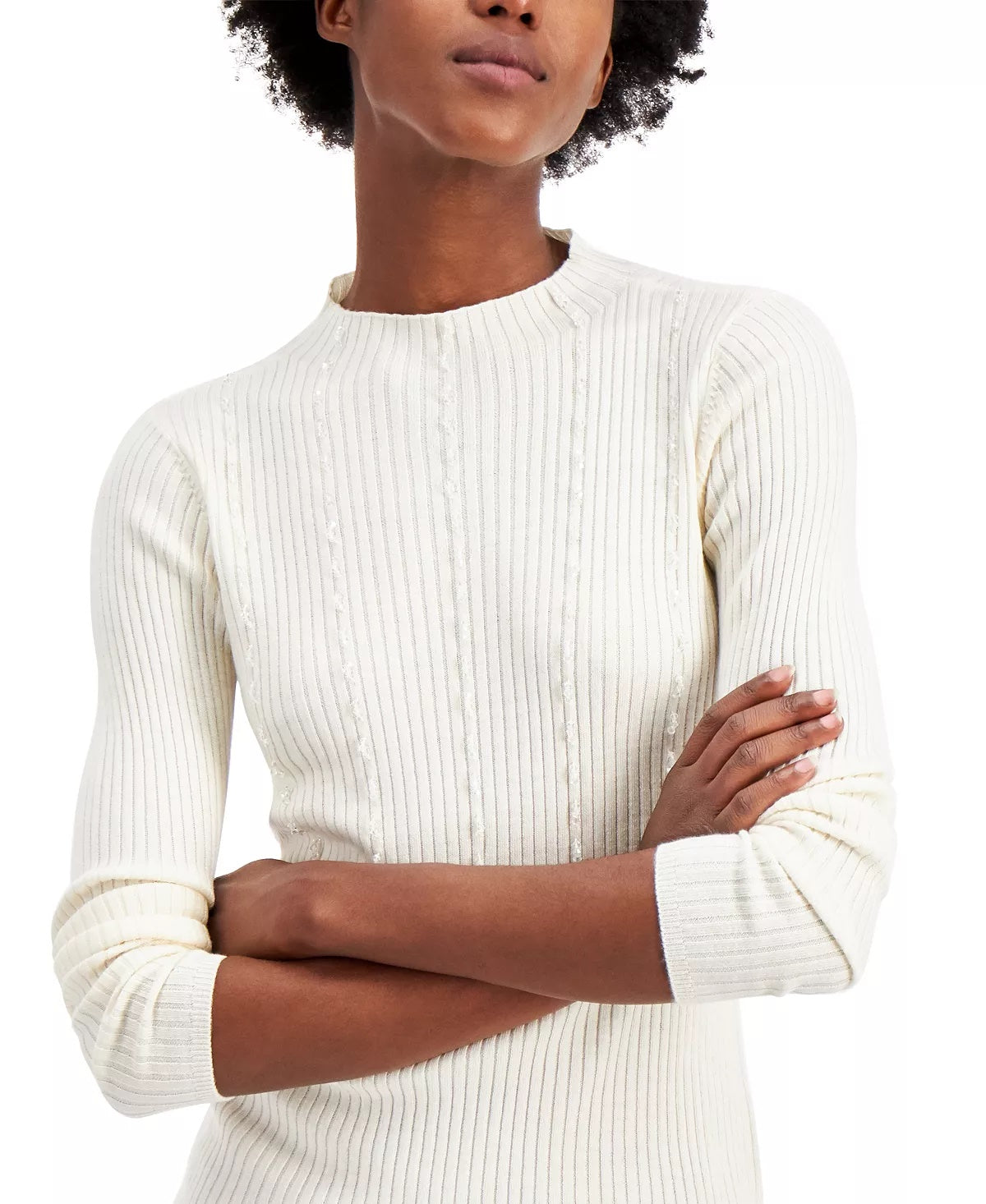 Suéter feminino Alfani canelado com contas, branco, tamanho grande