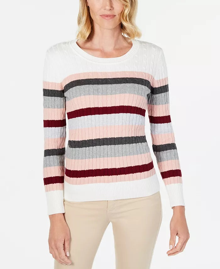 Karen Scott Suéter feminino listrado de algodão com cabo, branco/rosa, tamanho PL