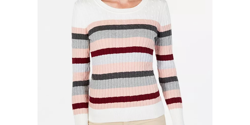 Karen Scott Suéter feminino listrado de algodão com cabo, branco/rosa, tamanho PL