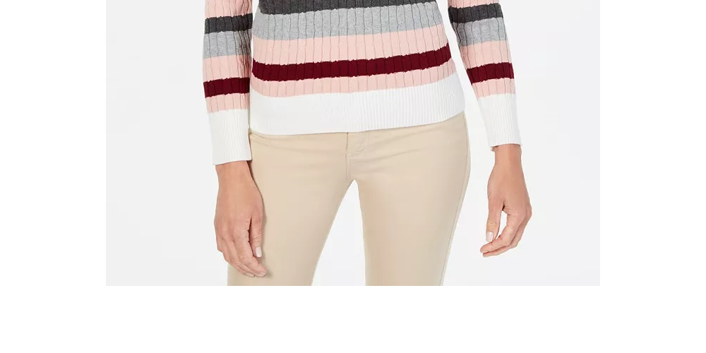 Karen Scott Suéter feminino listrado de algodão com cabo, branco/rosa, tamanho PL
