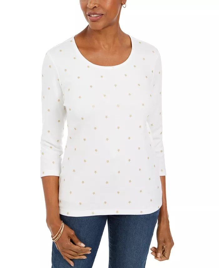Camisa feminina Karen Scott com estampa de estrela brilhante, branca, tamanho PL