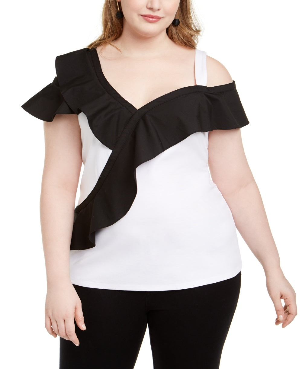 Blusa feminina plus size com babados e blocos de cores, branca, tamanho 0X, da INC International Concepts