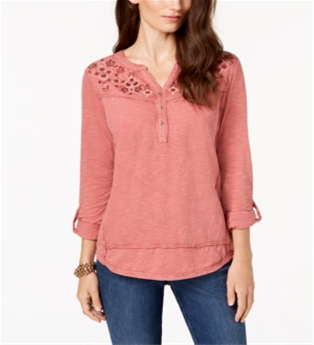 Blusa feminina estilo &amp; co de algodão bordado com mangas curtas e estampa de rolo, rosa, tamanho GG