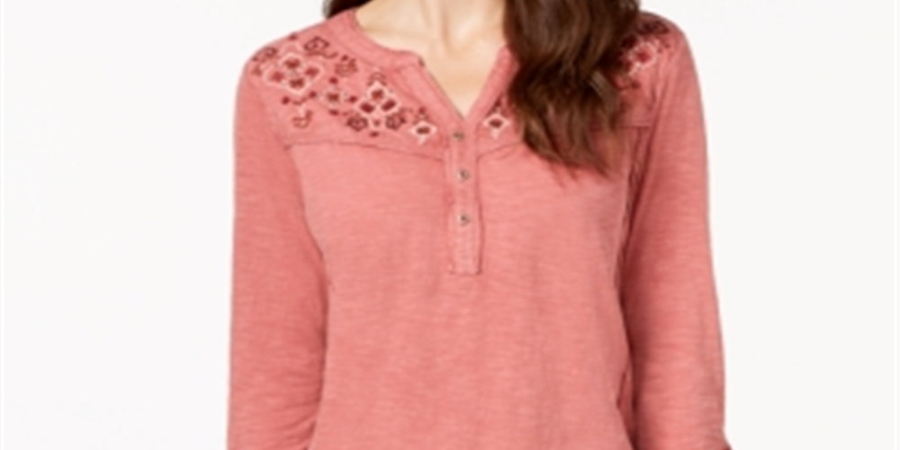 Blusa feminina estilo &amp; co de algodão bordado com mangas curtas e estampa de rolo, rosa, tamanho GG