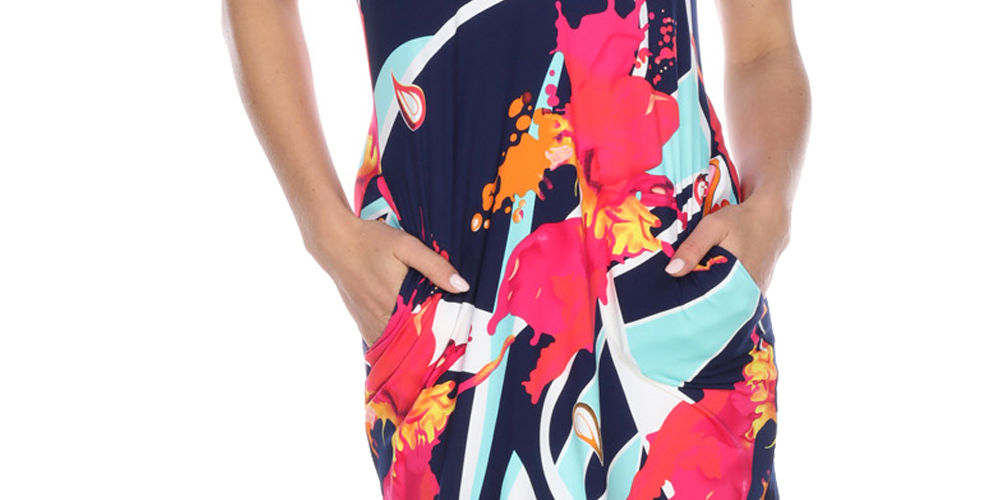 Vestido-camisa estampado feminino White Mark, azul-marinho/rosa, tamanho médio