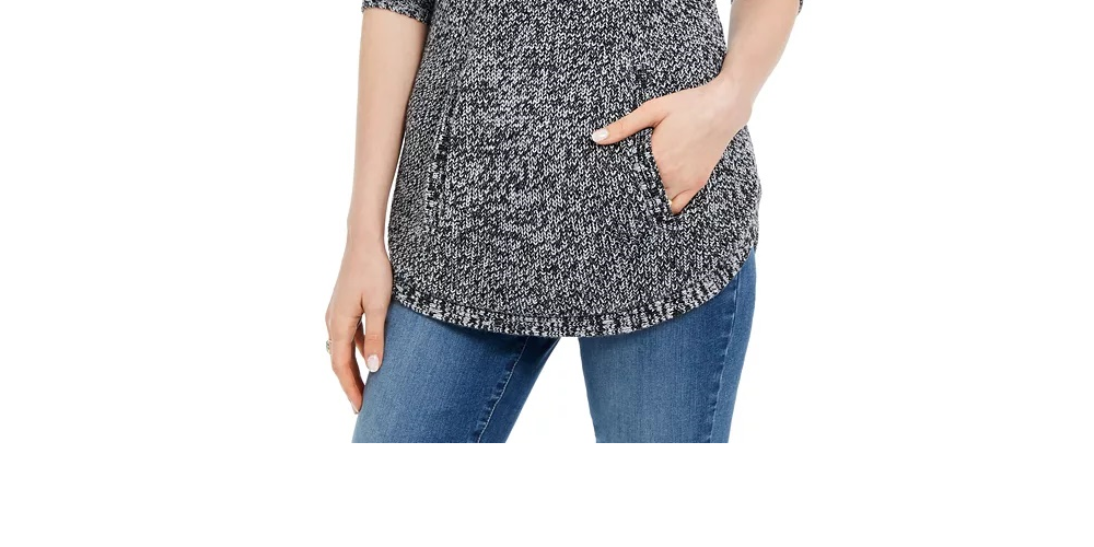 Suéter de malha com gola envelope e bolso canguru feminino Style &amp; Co, preto/branco, tamanho pequeno