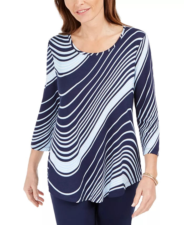 Camiseta feminina com estampa de redemoinho e manga 3/4, roxa/azul, tamanho X-S