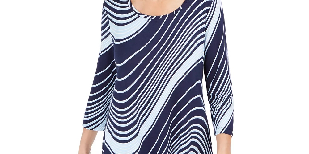 Camiseta feminina com estampa de redemoinho e manga 3/4, roxa/azul, tamanho X-S