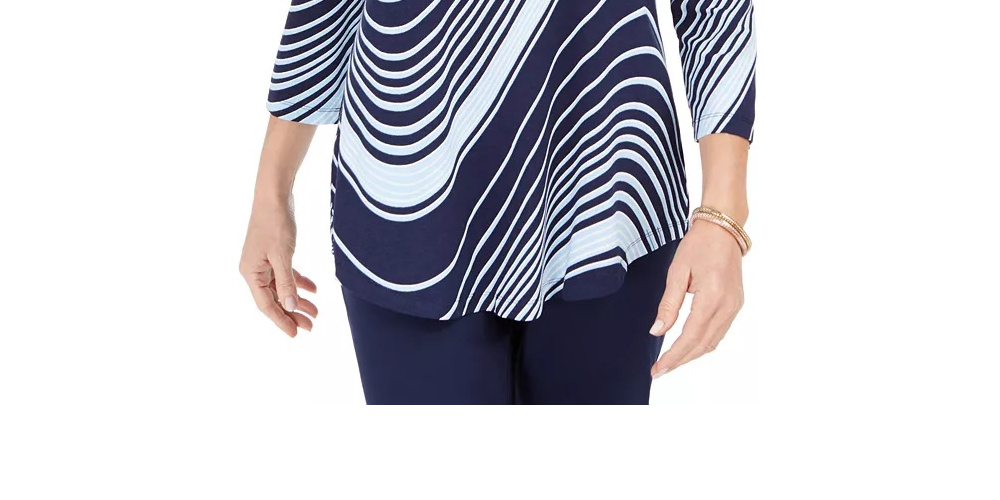 Camiseta feminina com estampa de redemoinho e manga 3/4, roxa/azul, tamanho X-S