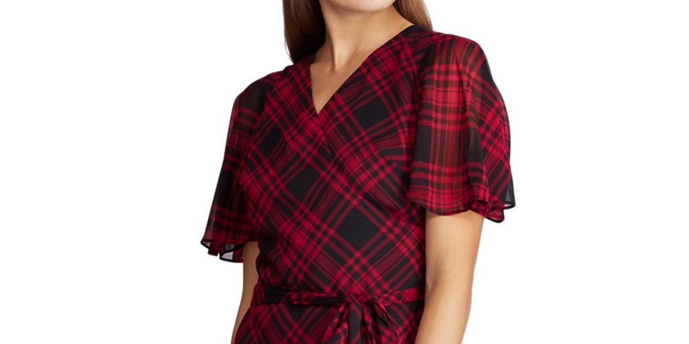 Vestido Ralph Lauren Feminino Xadrez Manga Curta Decote V Abaixo do Joelho Preto/Vermelho Tamanho 4