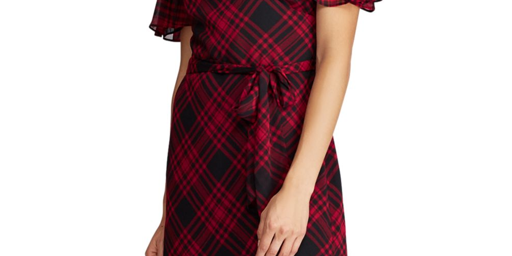 Vestido Ralph Lauren Feminino Xadrez Manga Curta Decote V Abaixo do Joelho Preto/Vermelho Tamanho 4