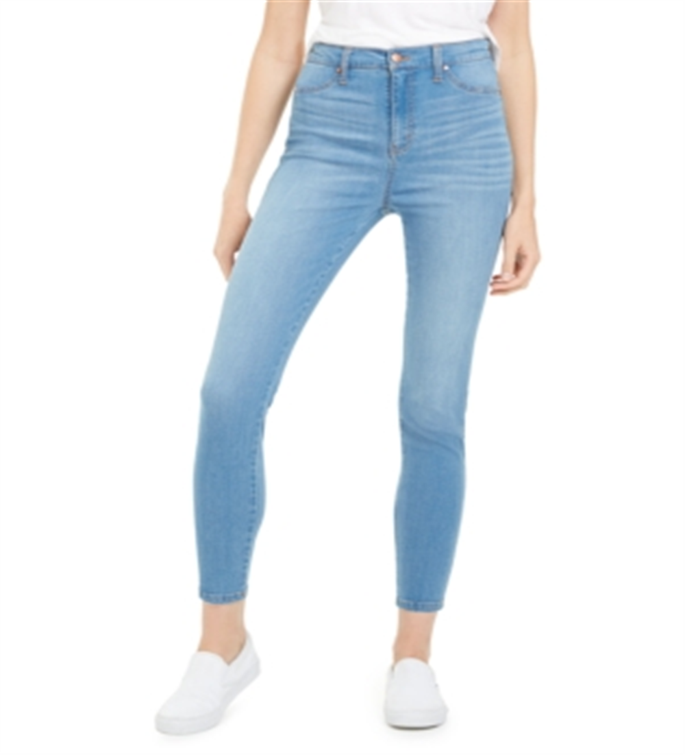 Calça jeans skinny feminina rosa celebridade, cintura alta, azul, tamanho 5
