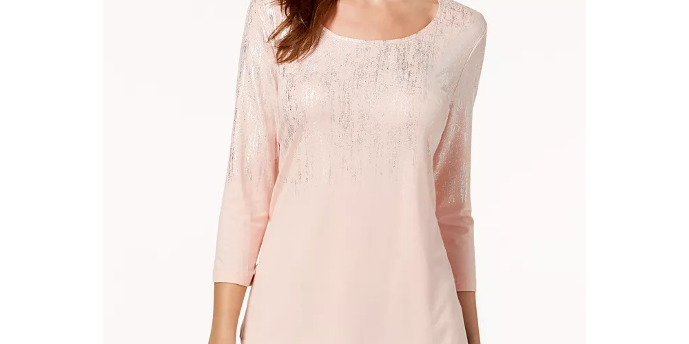 JM Collection Top feminino pequeno com estampa metálica bege, tamanho PL