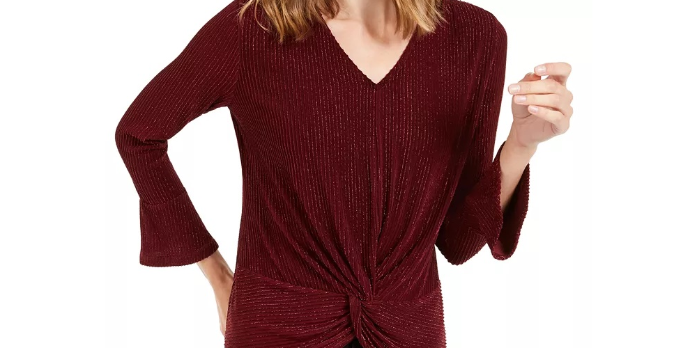 Blusa feminina Alfani listrada metálica com bainha torcida, vinho, tamanho pequeno