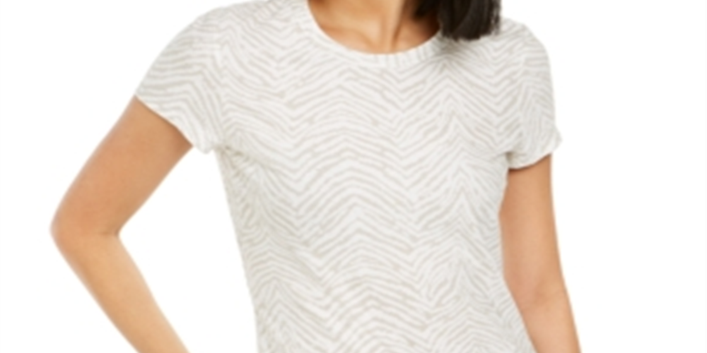 Camiseta feminina estampada com gola redonda da INC International Concepts, bege, tamanho M