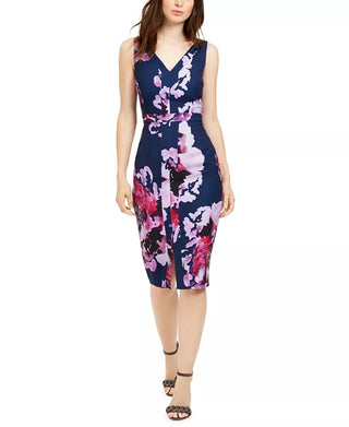Vestido midi com decote em V e sem mangas floral Trina Turk feminino, tamanho 0, floral azul