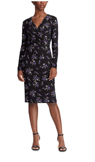 Vestido envelope feminino Ralph Lauren preto com estampa floral, manga comprida, decote em V, comprimento até o joelho, tamanho 0