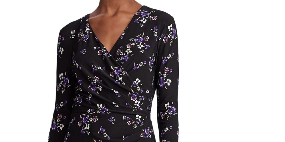 Vestido envelope feminino Ralph Lauren preto com estampa floral, manga comprida, decote em V, comprimento até o joelho, tamanho 0