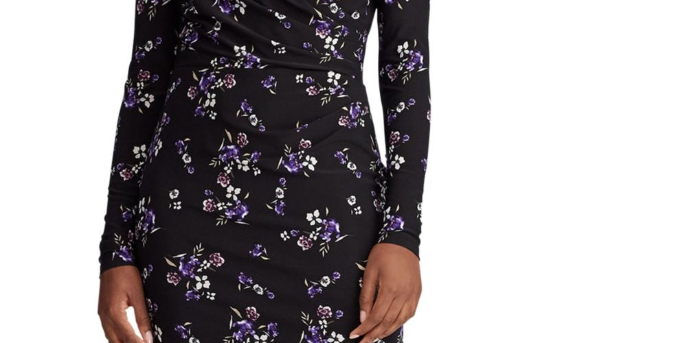 Vestido envelope feminino Ralph Lauren preto com estampa floral, manga comprida, decote em V, comprimento até o joelho, tamanho 0