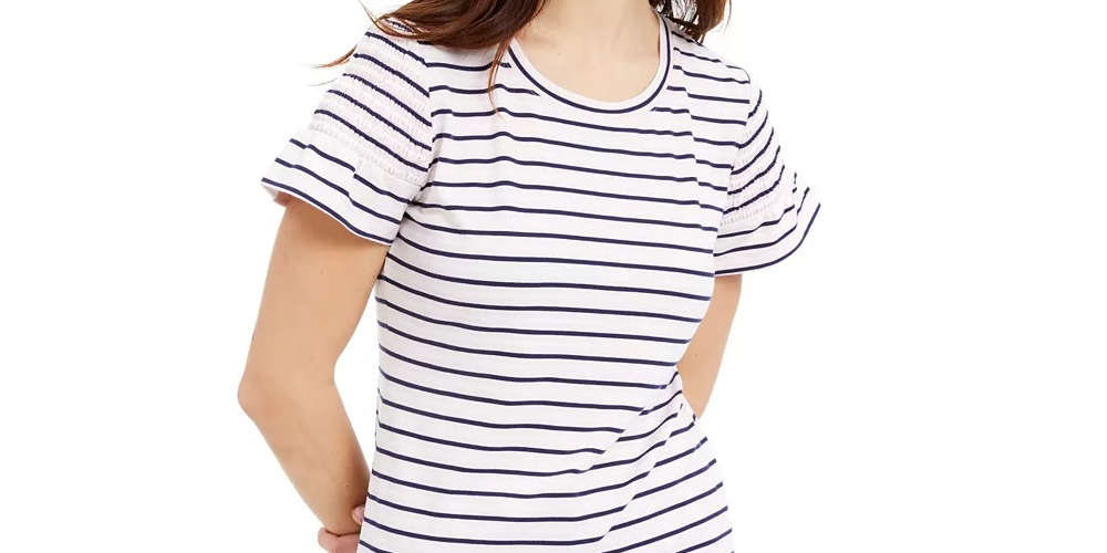 Blusa listrada feminina Maison Jules com manga curta e gola redonda, verde, branco e azul, tamanho médio