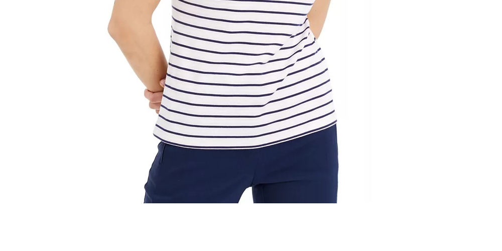 Blusa listrada feminina Maison Jules com manga curta e gola redonda, verde, branco e azul, tamanho médio