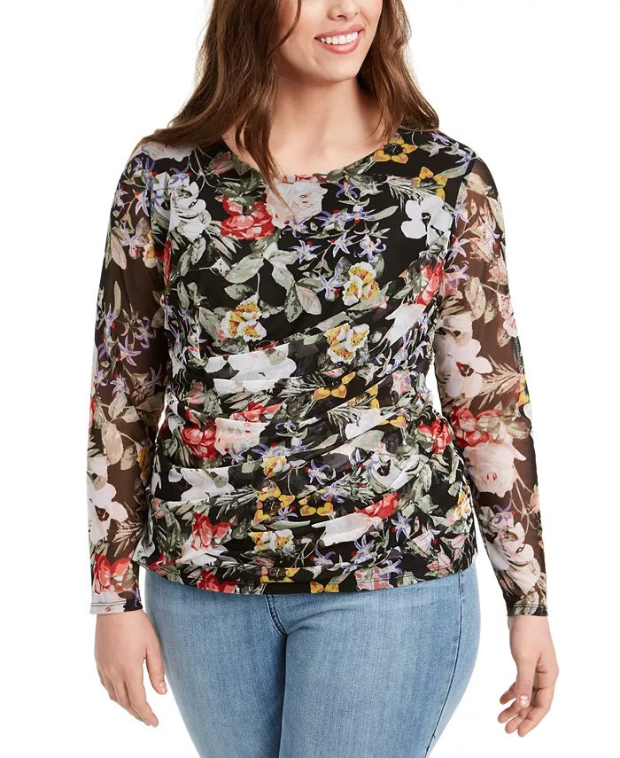 Blusa feminina de manga comprida e estampada da INC International Concepts, preta, tamanho 0X