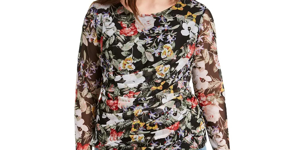 Blusa feminina de manga comprida e estampada da INC International Concepts, preta, tamanho 0X