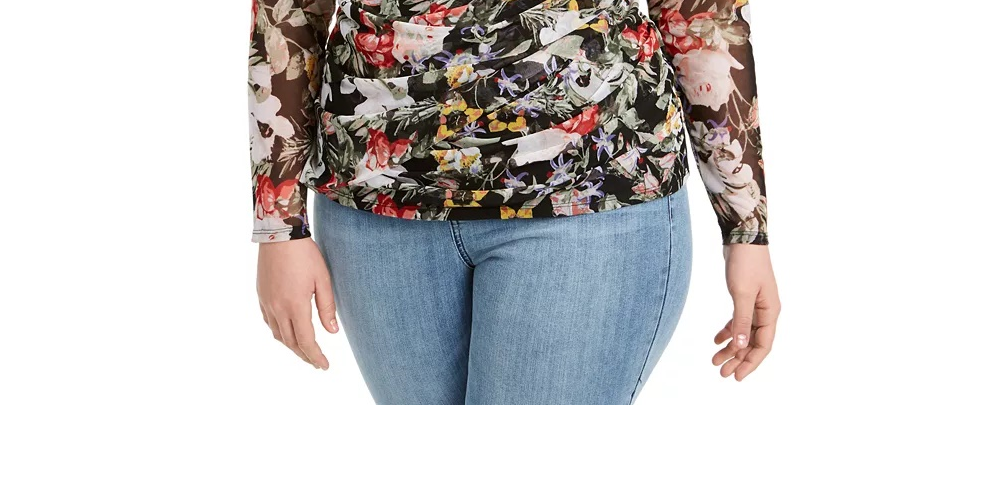 Blusa feminina de manga comprida e estampada da INC International Concepts, preta, tamanho 0X