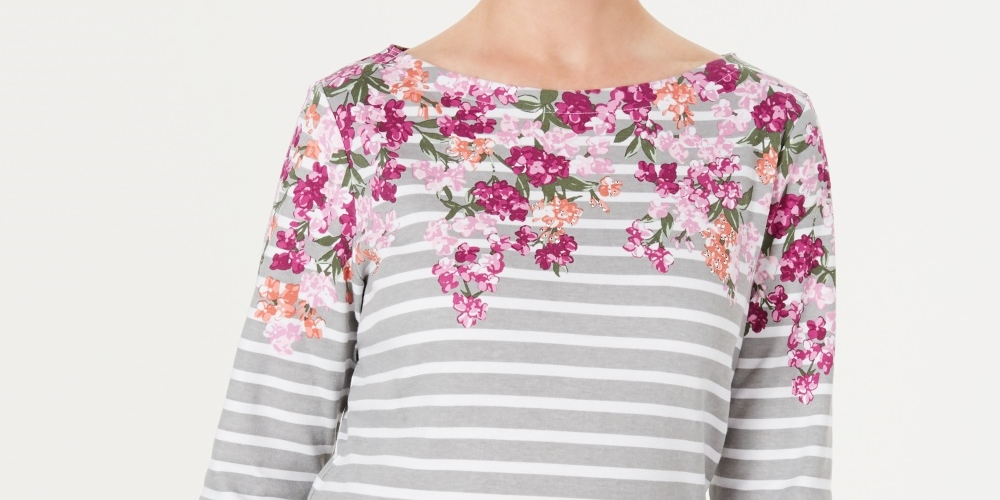 Karen Scott Blusa Feminina Listrada Floral Petite com Decote Canoa, Vermelha, Tamanho P