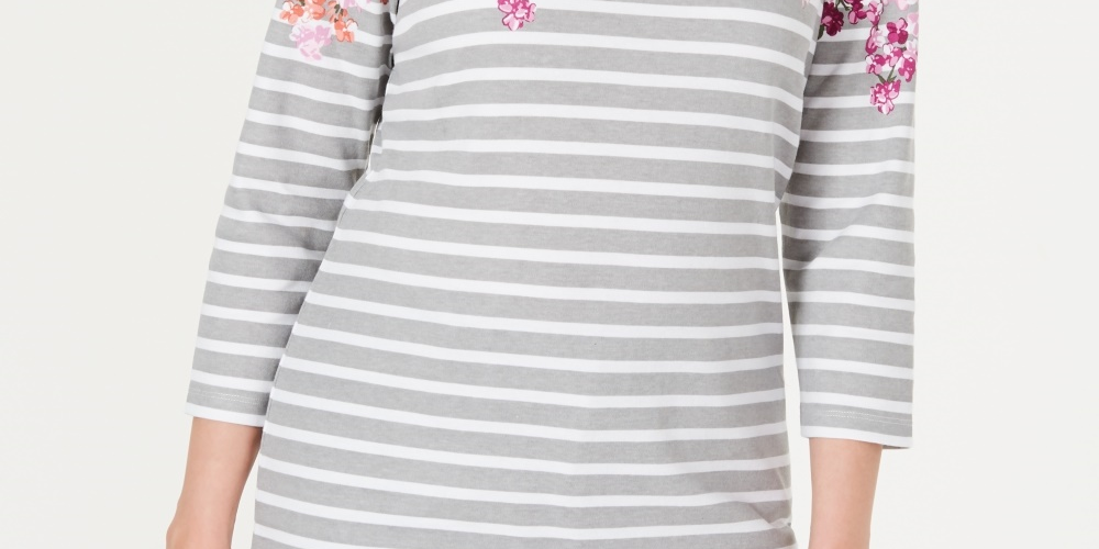 Karen Scott Blusa Feminina Listrada Floral Petite com Decote Canoa, Vermelha, Tamanho P