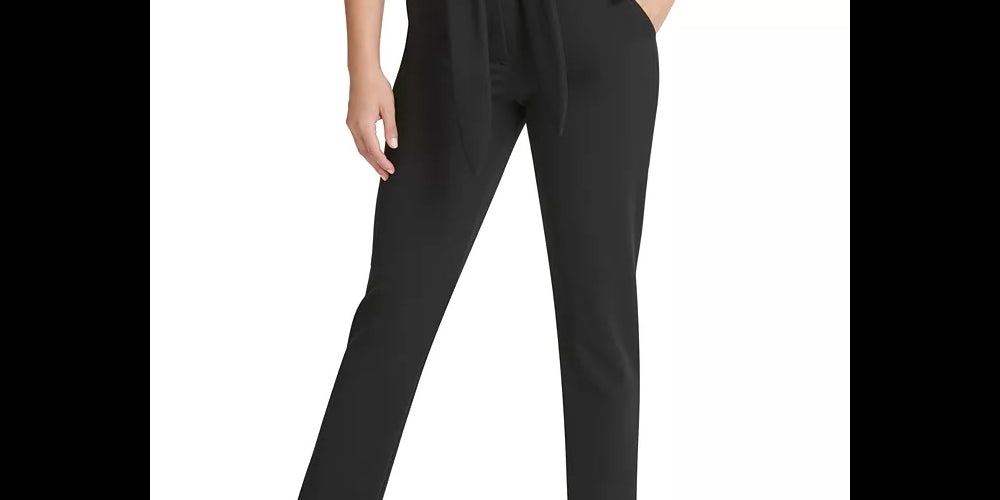 Calça feminina DKNY com cinto e perna justa, preta, tamanho 6