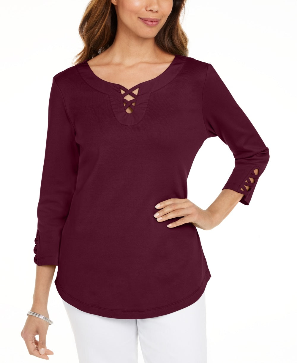 Camiseta feminina Karen Scott de algodão com cadarço, vermelha, tamanho médio