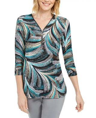 Túnica texturizada feminina com decote em zíper e manga comprida, preta, tamanho pequeno