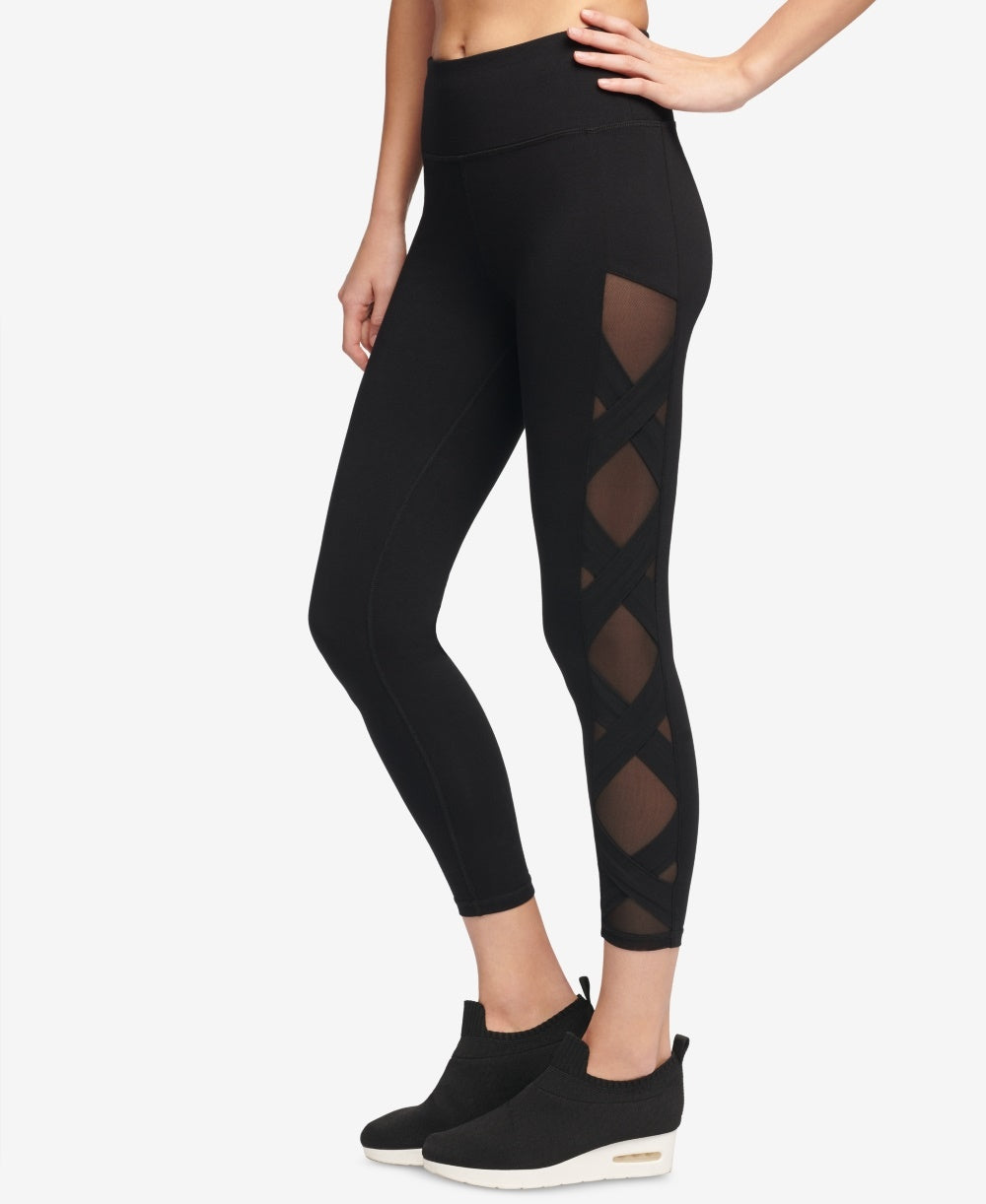 Leggings femininas esportivas DKNY de cintura alta com ajuste em malha e tornozelo para ioga, pretas, tamanho X-S
