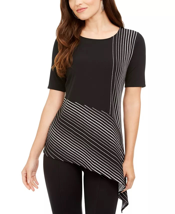 Blusa feminina Alfani com estampa assimétrica e bainha preta, tamanho médio