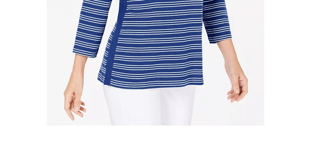 Blusa feminina Karen Scott de algodão listrada com bainha ventilada, roxa/branca, tamanho pequeno