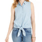 Camisa feminina sem mangas de algodão com amarração na bainha, azul, tamanho 12, Charter Club