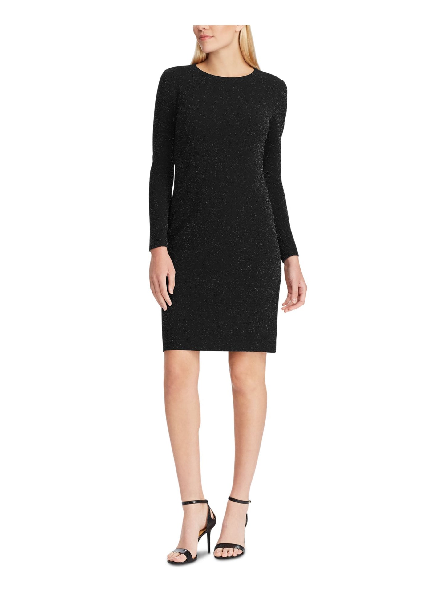 Vestido de festa Ralph Lauren feminino, manga longa, brilhante, decote em joia, comprimento até o joelho, preto, tamanho 0