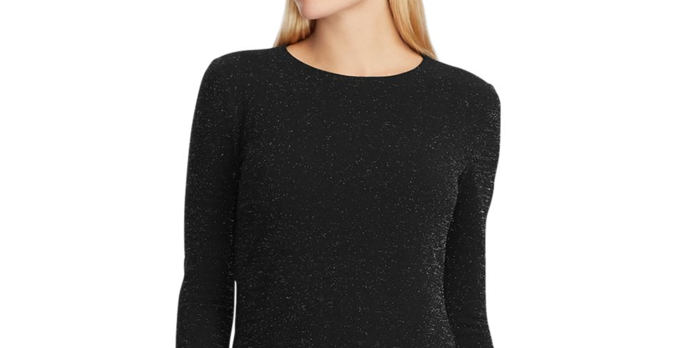 Vestido de festa Ralph Lauren feminino, manga longa, brilhante, decote em joia, comprimento até o joelho, preto, tamanho 0