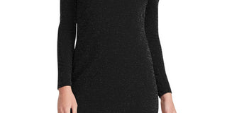 Vestido de festa Ralph Lauren feminino, manga longa, brilhante, decote em joia, comprimento até o joelho, preto, tamanho 0