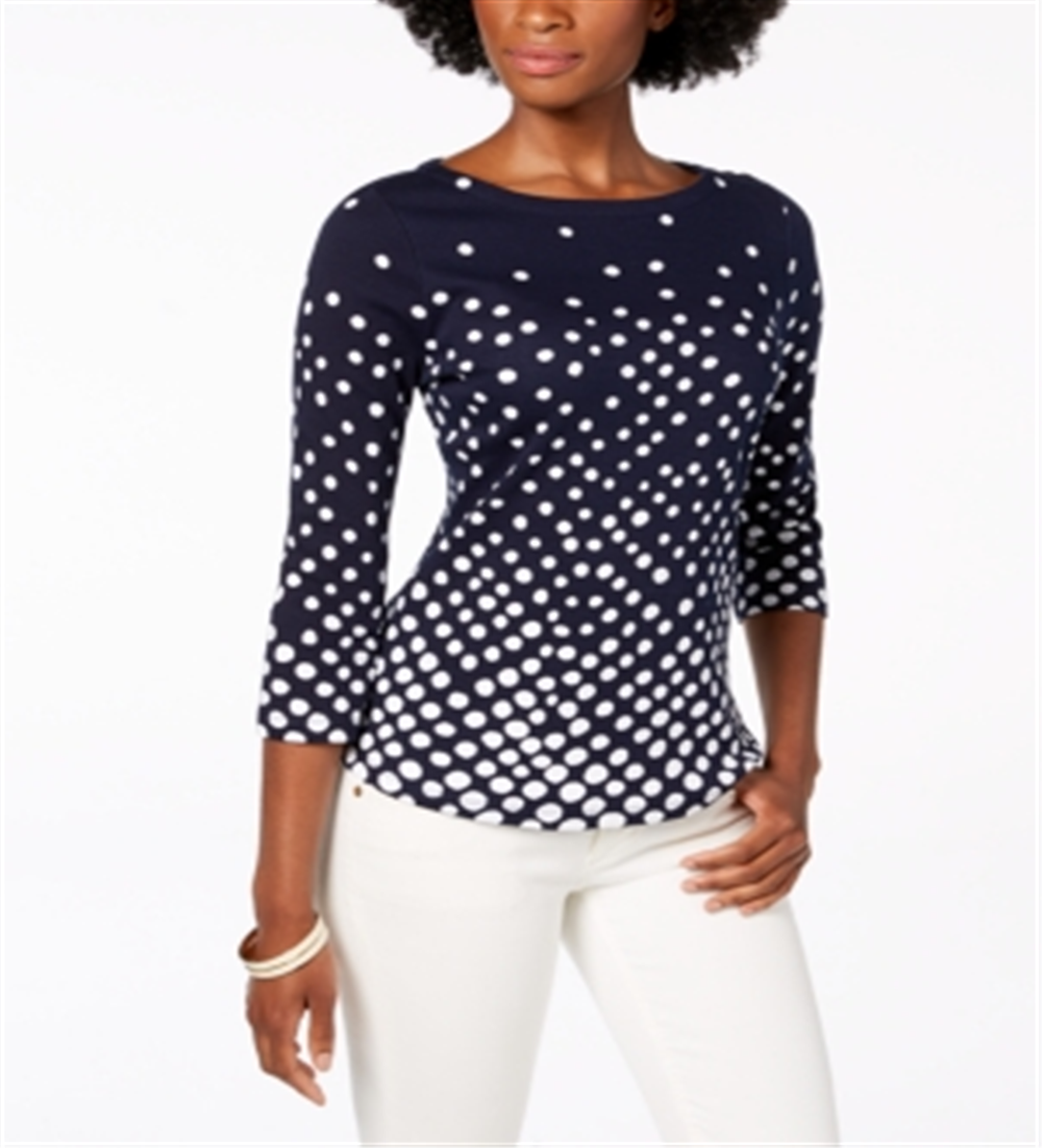 Camiseta feminina Charter Club de algodão Pima com estampa de botões e ombros, azul, tamanho G